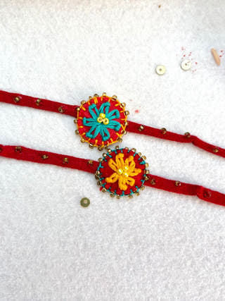 Hand Embroidered Flower Daisy Rakhi | Set Of 2 | Yellow & Blue