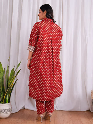 Tia Red Bagru HandBlock Print Cotton Kurta Set