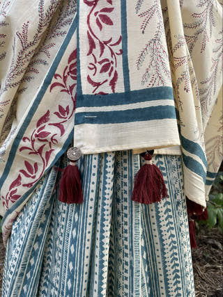 Hand Block Printed Aakur - Mul Cotton Saree | Cream