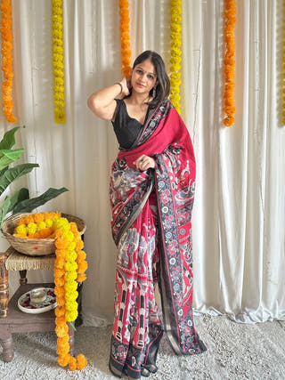 Rangmanch Deep Red Madhubani Saree