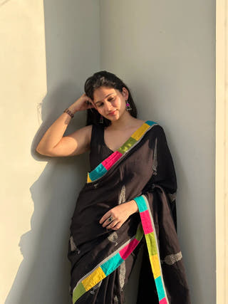 Pop Goes Black Patchwork Mul Saree