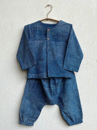 Organic Check Kurta With Matching Pants Indigo Whitewater Kids