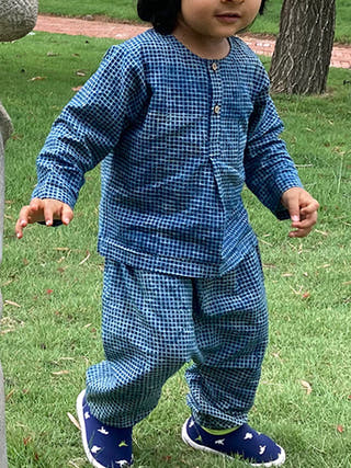 Organic Check Kurta With Matching Pants Indigo Whitewater Kids
