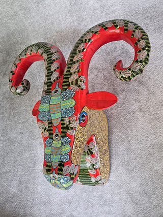 Hand Carved & Hand Painted Red Ram Head