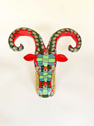 Hand Carved & Hand Painted Red Ram Head