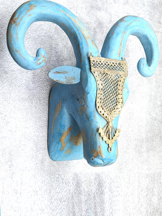 Eclectic Hand Crafted Ram Head Blue Distressed (Brass Accessory) Folk Stroke