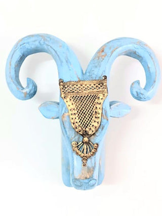 Eclectic Hand Crafted Ram Head Blue Distressed (Brass Accessory) Folk Stroke