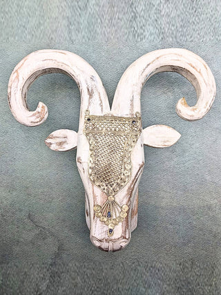 Eclectic Hand Crafted Ram Head White Distressed (Brass Accessory) Folk Stroke