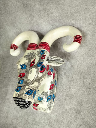 Hand Carved & Hand Painted White Ram Head