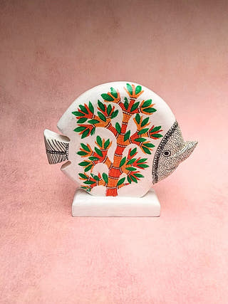 Hand Painted Wooden Fish Table Top Decor | White