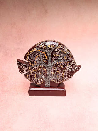 Hand Painted Wooden Fish Table Top Decor | Brown