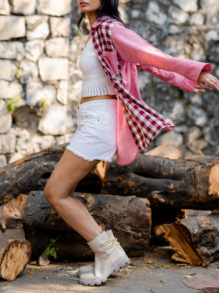 Naturally dyed shirt with contrast pattern Pink Krushnachuda