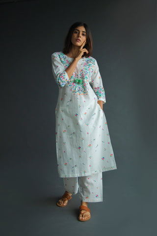 White Floral Printed Linen Kurta Set - Linen Kurta for women in White color