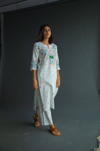 White Floral Printed Linen Kurta Set - Linen Kurta for women in White color