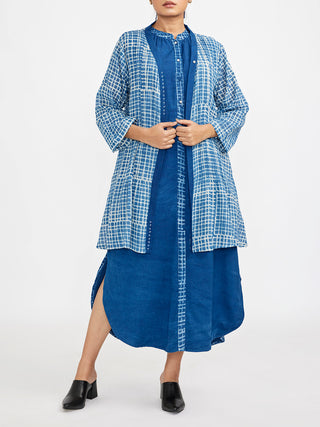 Two Piece Dress Set With Solid Button Down Sleeveless Dress Blue Jayathi Goenka