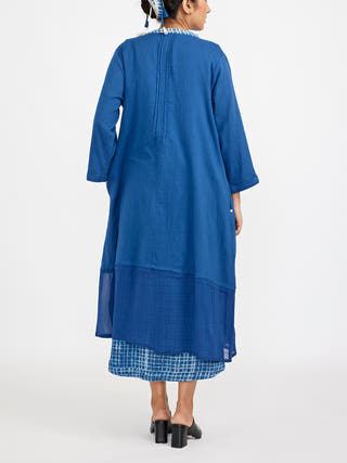 Two Piece Sleeveless Dress Set With Solid Button Down Blue - Block Print coord set for women in Blue color