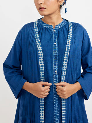 Two Piece Sleeveless Dress Set With Solid Button Down Blue - Block Print coord set for women in Blue color