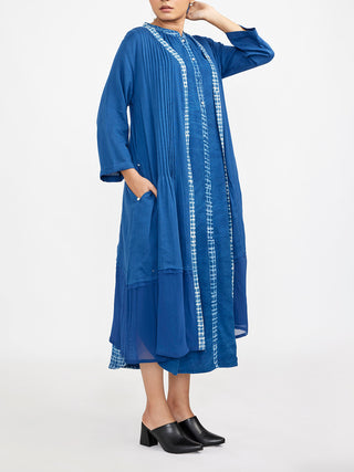 Two Piece Sleeveless Dress Set With Solid Button Down Blue Jayathi Goenka