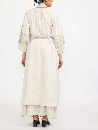 Two Piece Set Featuring Long Solid Tunic Accentuated With Block Printed Checks White Jayati Goenka