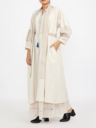 Two Piece Set Featuring Long Solid Tunic Accentuated With Block Printed Checks White Jayati Goenka