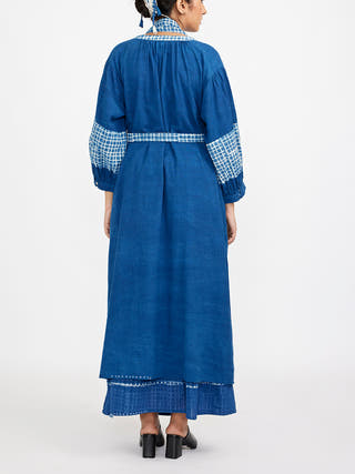 Two Piece Set Featuring Long Solid Tunic Accentuated With Block Printed Checks Blue - Block Print coord set for women in Blue color