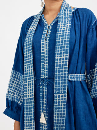 Two Piece Set Featuring Long Solid Tunic Accentuated With Block Printed Checks Blue - Block Print coord set for women in Blue color