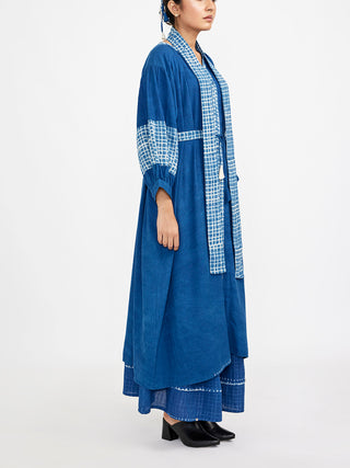 Two Piece Set Featuring Long Solid Tunic Accentuated With Block Printed Checks Blue Jayathi Goenka