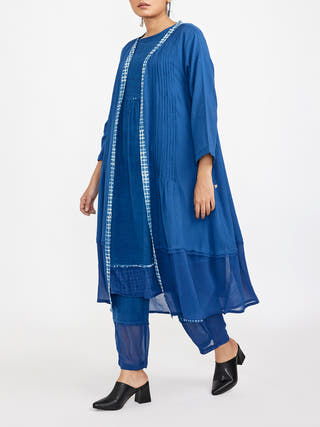 Spring Summer Three Piece Fuss Free Co-Ord Set Blue - Block Print coord set for women in Blue color