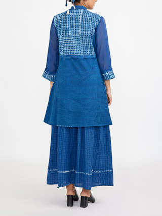 Two Piece Co-Ord Set Featuring Block Printed Checks Blue - Block Print coord set for women in Blue color
