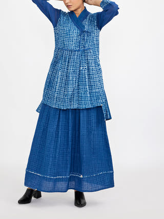 Two Piece Co-Ord Set Featuring Block Printed Checks Blue - Block Print coord set for women in Blue color