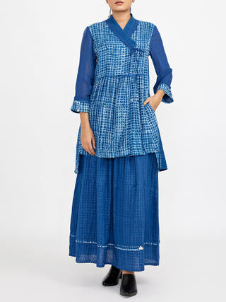 Two Piece Co-Ord Set Featuring Block Printed Checks Blue - Block Print coord set for women in Blue color