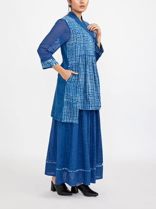 Two Piece Co-Ord Set Featuring Block Printed Checks Blue - Block Print coord set for women in Blue color