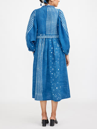 Midi Mandarin Collar Neck Dress With Voluminous Sleeves Blue Jayati Goenka