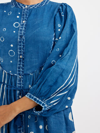 Midi Mandarin Collar Neck Dress With Voluminous Sleeves Blue Jayati Goenka