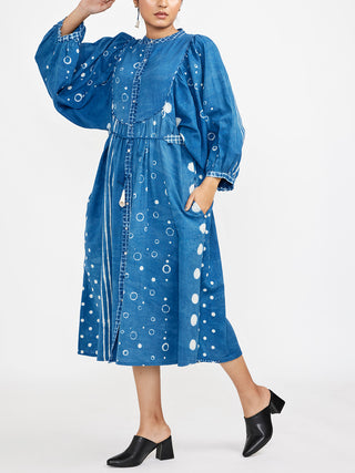 Midi Mandarin Collar Neck Dress With Voluminous Sleeves Blue Jayati Goenka