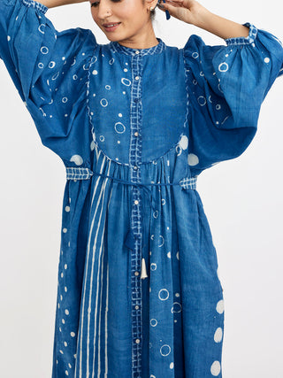Midi Mandarin Collar Neck Dress With Voluminous Sleeves Blue Jayati Goenka