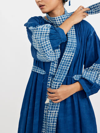 Midi One-Size Dress Comes With Mandarin Collar Neck Blue Jayati Goenka