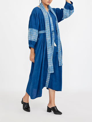 Midi One-Size Dress Comes With Mandarin Collar Neck Blue Jayati Goenka
