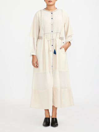 Block Printed Button Down Shirt Dress In Solids With Print Accent White Jayati Goenka