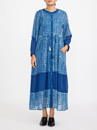 Button Down Shirt Dress In Cotton Block Printed Blue Jayati Goenka