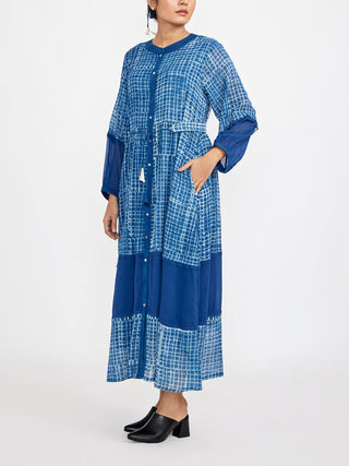 Button Down Shirt Dress In Cotton Block Printed Blue Jayati Goenka