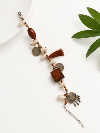 Handmade Tribal Shell Wood And Repurposed Coin Bracelet
