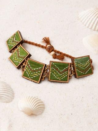Hand Embroidered Green Repurposed Silk Fabric and Wood Bracelet