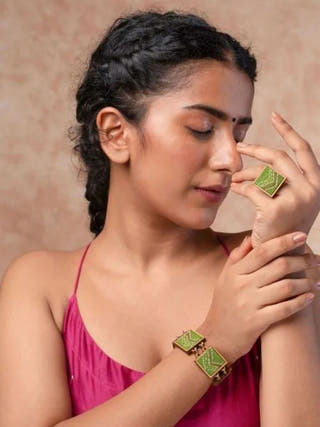 Hand Embroidered Green Repurposed Silk Fabric and Wood Bracelet