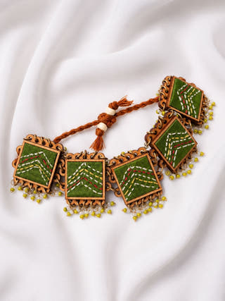 Kantha Green Repurposed Silk Fabric and Wood Bracelet With Beads