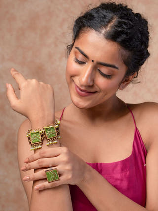 Kantha Green Repurposed Silk Fabric and Wood Bracelet With Beads