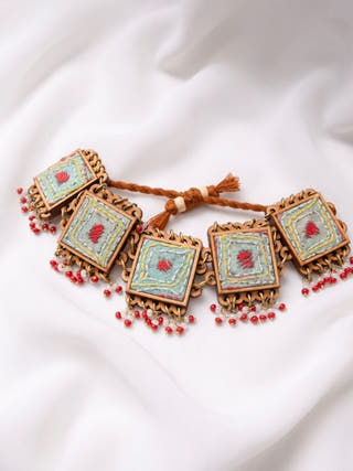 Kantha Columbia Blue Repurposed Silk Fabric and Wood Beads Bracelet