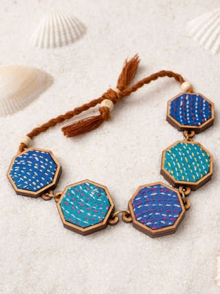 Multicolour Kantha Repurposed Silk Fabric and Wood Bracelet