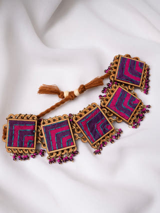 Pink Purple Kantha Repurposed Silk Fabric and Wood  Beads Bracelet