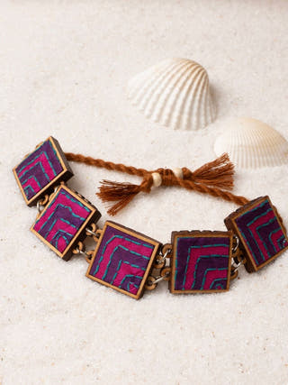 Pink Purple Kantha Repurposed Silk Fabric and Wood Bracelet